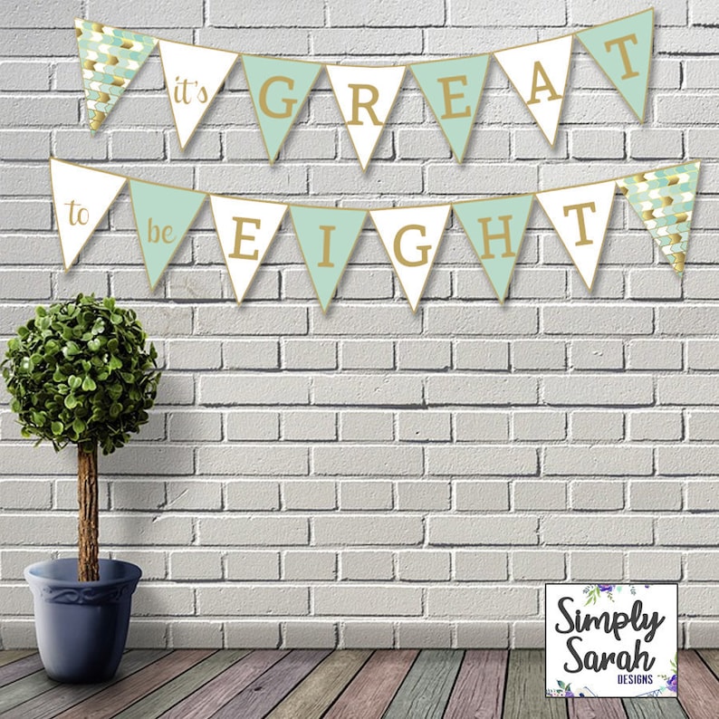 LDS Baptism Triangle Pennant Banner Primary Party Decorations Can Customize Digital Printable Aqua and Gold Instant Download