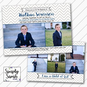 LDS Baptism Invitation - Navy and Gray Chevron - 5x7 LDS Baptism Card Printable - Will Customize and Email within 24 hours