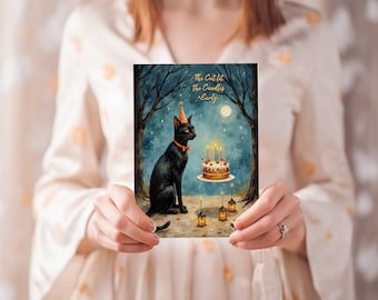 Whimsical Black Cat Birthday Card, Folk Art Illustration, Storyline Greeting, Cat Lover Gift, Cat Lit the Candles Early