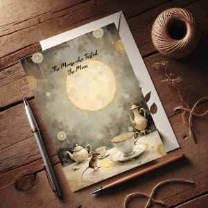 May include: Greeting card featuring an illustration of a mouse, teacups, and a teapot with the text "The Mouse who Tasted the Moon." The card has a whimsical design with a large moon in the background. A pen and twine are also visible.