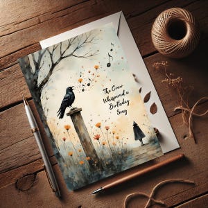 May include: A watercolor birthday card featuring a black crow perched on a pillar, singing musical notes. The card has the text "The Crow Whispered a Birthday Song." The scene includes orange flowers, a figure in a black cloak, and a bare tree.