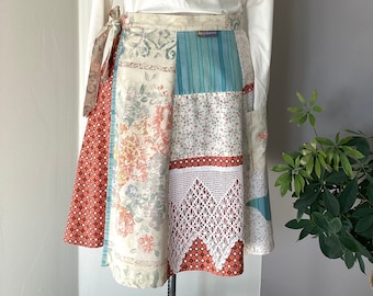 Patchwork womens jacket multicolored wearable art floral linen handmade recycled textiles size M-XL buttonclosure A-line birdapplique unique