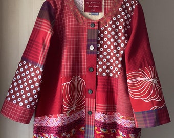 Patchwork womens jacket multicolored wearable art floral linen handmade recycled textiles size M-XL buttonclosure A-line birdapplique unique