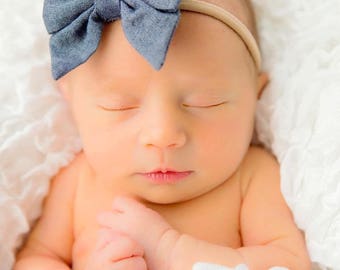 Denim Baby Bow Headband Jean Infant Classic Newborn Girl Nylon Headband Infants Chambray Baby Bow Hair Accessories for Baby Girl Shower Gift