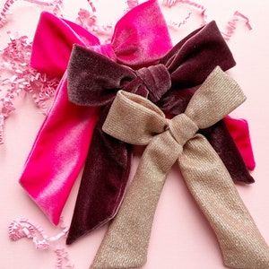 Pink Velour Bow. Pink Velvet Bow. Hot Pink Girls Hair Bow. Hot Pink Velour Bow. Festive Hair Bow. Valentine Hair Bow. Long Tail Bow. image 7