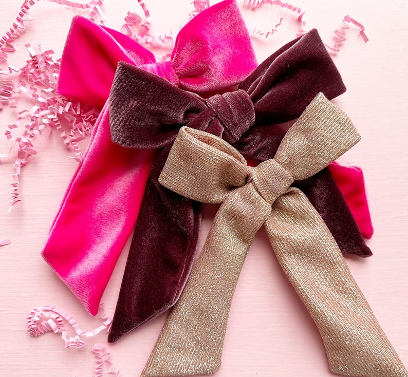 Pink Velour Bow. Pink Velvet Bow. Hot Pink Girls Hair Bow. Hot Pink Velour Bow. Festive Hair Bow. Valentine Hair Bow. Long Tail Bow. image 7