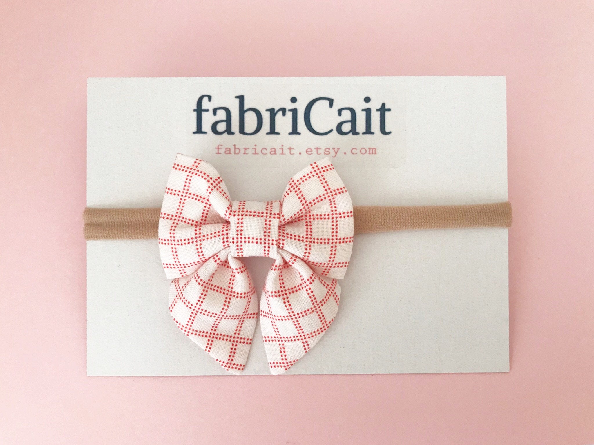 Pink Plaid Baby Bow Headband: Handmade Cotton Hair Accessory 
