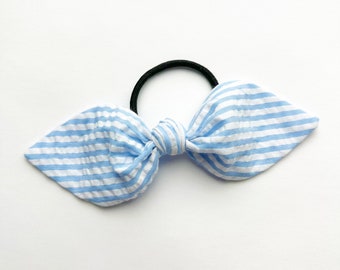 Blue Seersucker Hair Bow Spring Ponytail Bow Metal Free Hair Accessories Hair Clip Messy Bun Bow For Girls Blue Stripe Bow Gift Idea for Mom