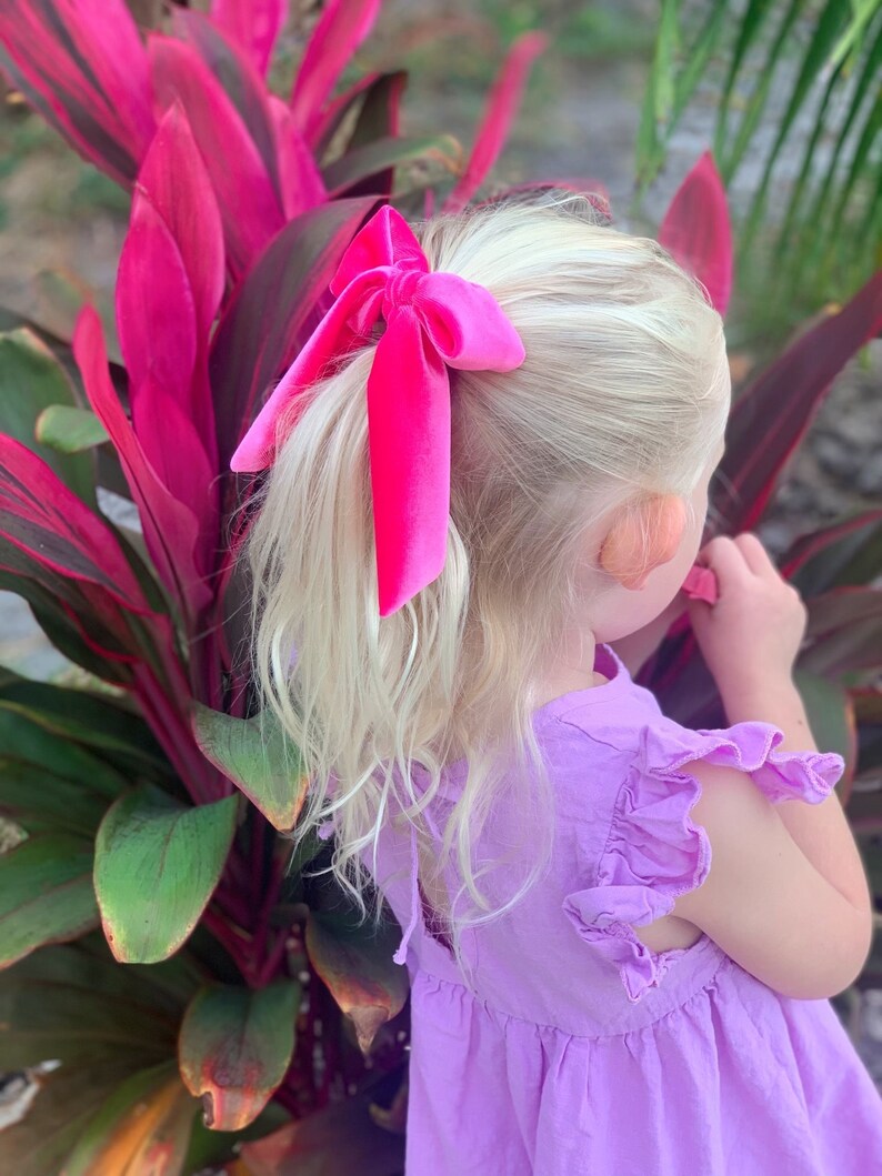 Pink Velour Bow. Pink Velvet Bow. Hot Pink Girls Hair Bow. Hot Pink Velour Bow. Festive Hair Bow. Valentine Hair Bow. Long Tail Bow. image 2