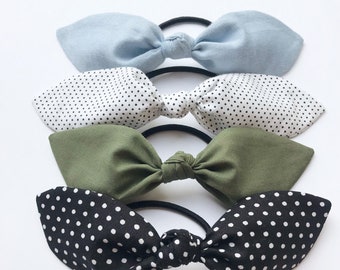 Cotton Blend Ponytail Bow, Metal Free Hair Tie, Retro Style