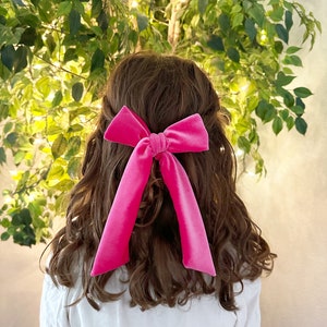 Pink Velour Bow. Pink Velvet Bow. Hot Pink Girls Hair Bow. Hot Pink Velour Bow. Festive Hair Bow. Valentine Hair Bow. Long Tail Bow. image 1