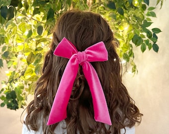 Pink Velour Bow. Pink Velvet Bow. Hot Pink Girls Hair Bow. Hot Pink Velour Bow. Festive Hair Bow. Valentine Hair Bow. Long Tail Bow.