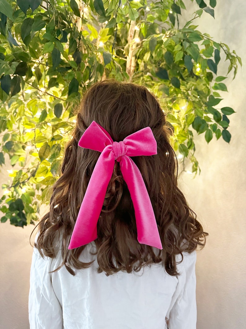 Pink Velour Bow. Pink Velvet Bow. Hot Pink Girls Hair Bow. Hot Pink Velour Bow. Festive Hair Bow. Valentine Hair Bow. Long Tail Bow. image 1