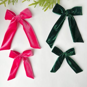 Pink Velour Bow. Pink Velvet Bow. Hot Pink Girls Hair Bow. Hot Pink Velour Bow. Festive Hair Bow. Valentine Hair Bow. Long Tail Bow. image 3