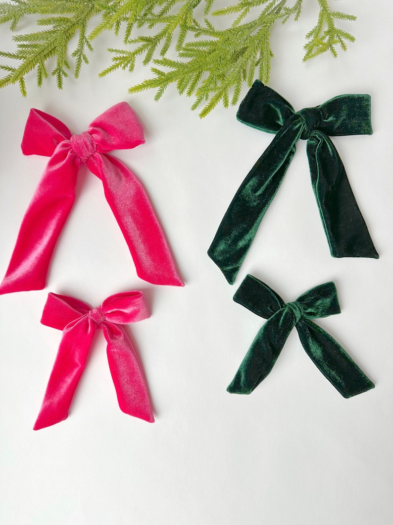 Pink Velour Bow. Pink Velvet Bow. Hot Pink Girls Hair Bow. Hot Pink Velour Bow. Festive Hair Bow. Valentine Hair Bow. Long Tail Bow. image 3