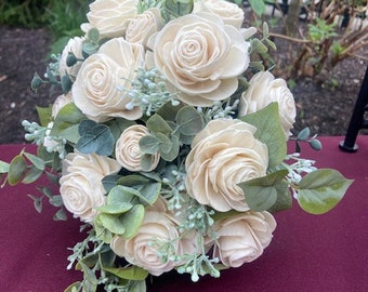 White Rose Sola Wood Flowers with Eucalyptus & Dusty Miller Bridal Bouquet / White Bouquet / Bridesmaid Bouquet / Sola Wood Wedding Flowers