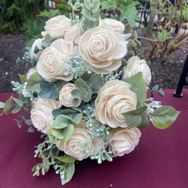 White Rose Sola Wood Flowers with Eucalyptus & Dusty Miller Bridal Bouquet / White Bouquet / Bridesmaid Bouquet / Sola Wood Wedding Flowers