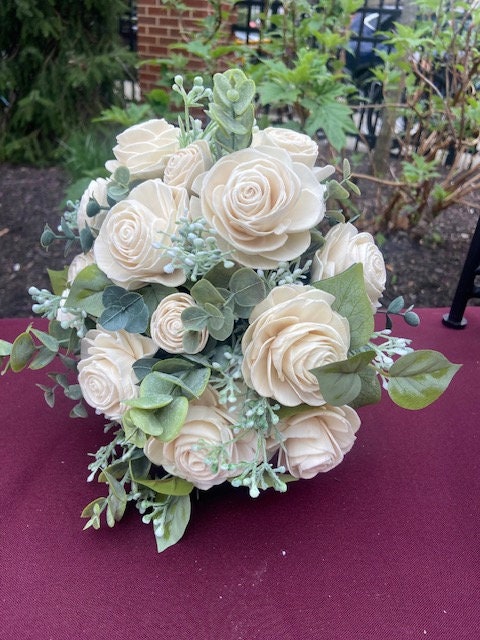 Champagne and Navy Blue Roses With Silver Dollar Eucalyptus Rustic Chic  Wedding Bouquet, Corsage, Boutonniere Flower Crown 