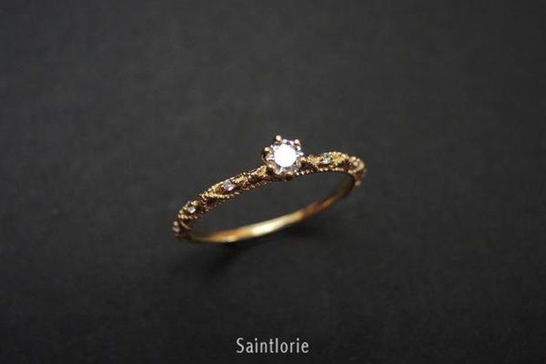 0.1 Carat Diamond Engagement Ring Diamond Promise Ring Yellow Gold Ring Filigree Ring
