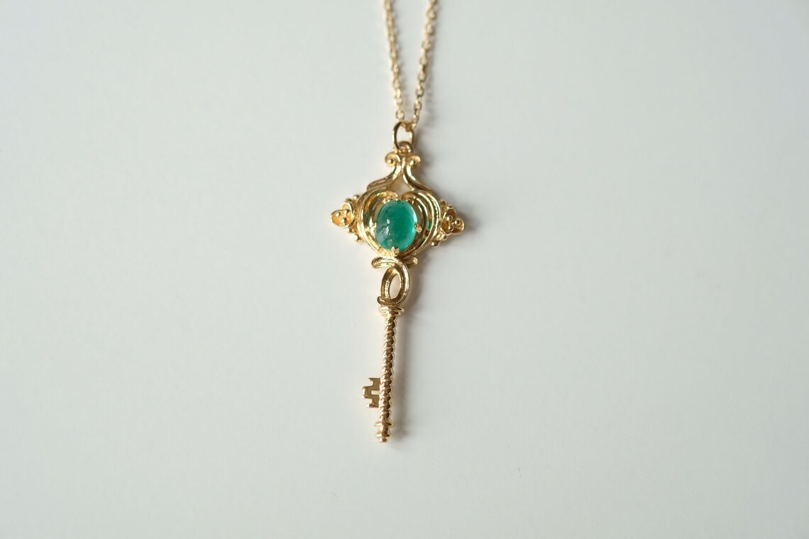 0.4 Carat Emerald Key Necklace Emerald Charm Key Charm Yellow Etsy