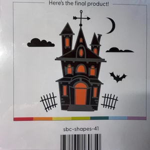 May include: A Halloween-themed sticker sheet featuring a haunted house, bat, clouds, and a crescent moon. The house is dark with orange windows and a cross on top. Text reads "Here's the final product!" and "sbc-shapes-41".