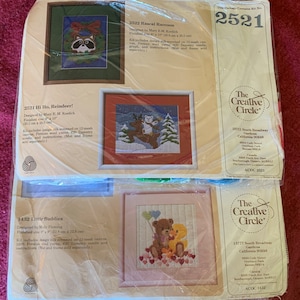Creative Circle Silk Screen Canvas Long Stitch Wool Yarn Kits Rascal Raccoon, Hi Ho Reindeer and Little Buddies