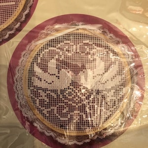 May include: A white embroidery hoop with a lace design of two birds. The hoop is on a pink and white background.
