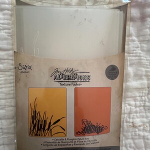 May include: A Sizzix Alterations Texture Fades embossing folder set. The package features two folders with designs: cattails on an orange background and pumpkins on an orange background. The package also includes text in English, French, and Spanish.