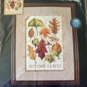 May include: A Dimensions counted cross stitch kit titled Autumn Leaves, featuring a collection of colorful fall foliage including ginkgo, oak, and maple leaves. The package includes 14 count ivory Aida fabric, cotton thread, and a needle.