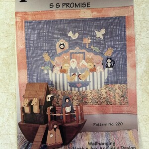 May include: A vintage pattern for a wallhanging applique design of Noah's Ark. The pattern is titled "Finders Keepers SS Promise" and is pattern number 220. The pattern is copyrighted 1991 by Pegi White.