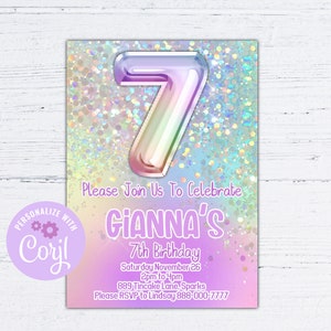 7th birthday invitation girl, 7th birthday invite for girl, pastel rainbow glitter 7th birthday invitation template, printable 5x7