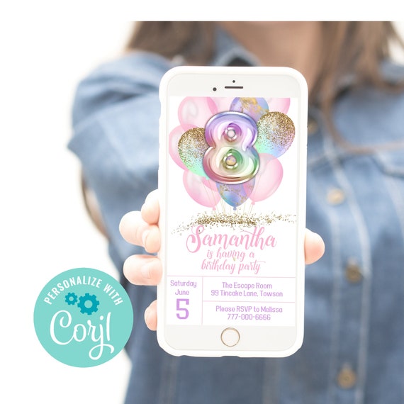 Girl 8th birthday electronic invitation, pastel rainbow invite, editable text invitation, pink