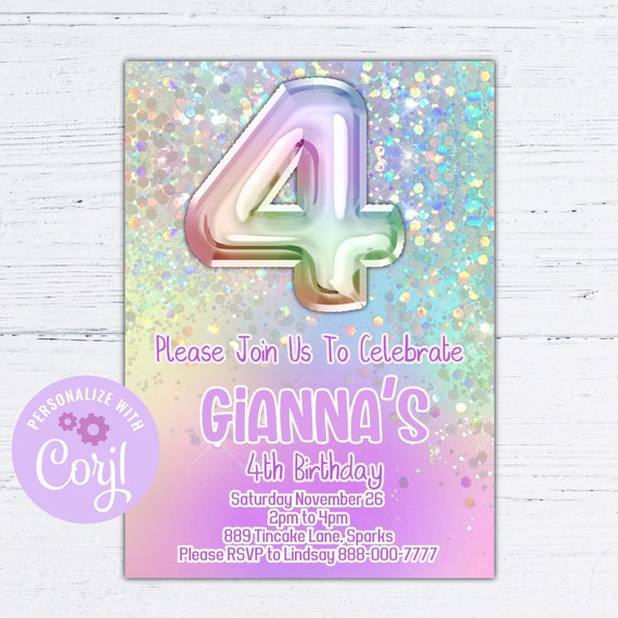 4th birthday invitation girl, 4th birthday invite for girl, pastel ...