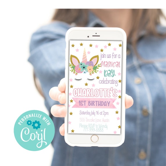 Unicorn text invitation, unicorn digital invite, unicorn birthday electronic invite by Tin Cakes
