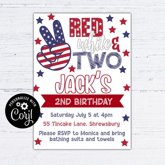 Red white and two birthday invitation, 4th of July birthday invite, independence day 2nd birthday , 4x6 and 5x7 template Il_570xn