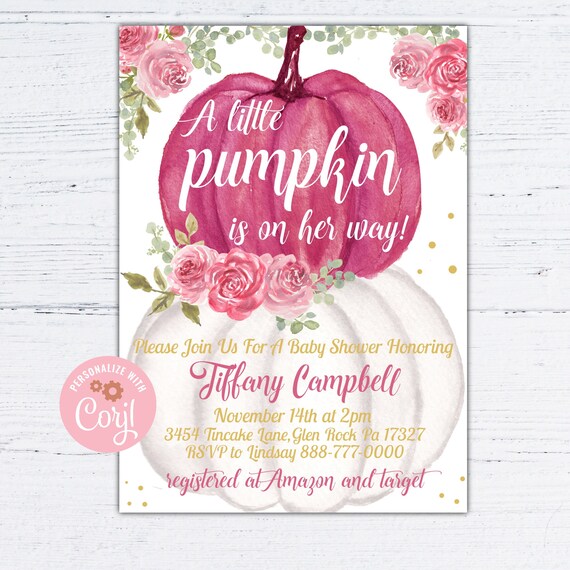 Editable pumpkin baby shower invitation, pink and gold little pumpkin