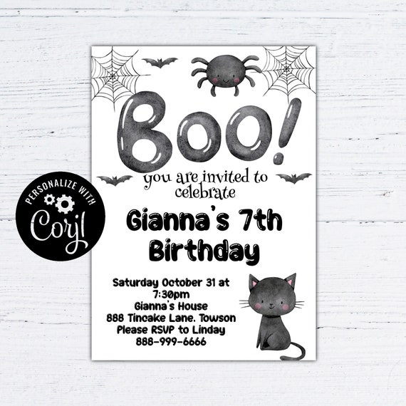 editable Halloween birthday invitation, pink Hey Boo halloween party