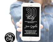 electronic black and white 30th birthday invitation, editable mens 30th birthday text invite, digital email minimalist phone invitation Il_170x135