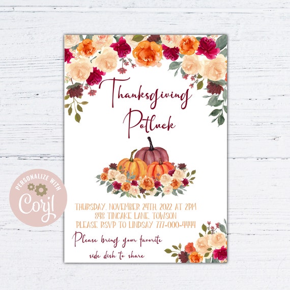 Thanksgiving dinner invitation, Thanksgiving potluck invite, Let's gather Friendsgiving invitation template 5x7 Il_570xn
