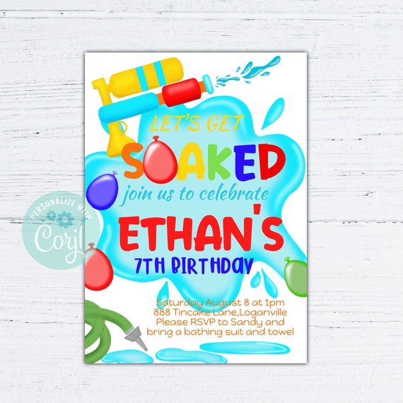 water balloon birthday invitation, water fight birthday invite, water