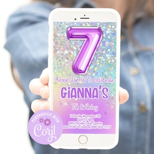 7th birthday invitation girl, 7th birthday text invite for girl, purple 7th birthday electronic digital invitation