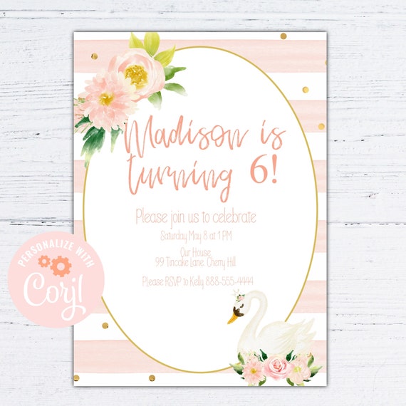 Swan birthday invitation, rose gold swan birthday invite, editable printable invitation, swan birthday party Il_570xn