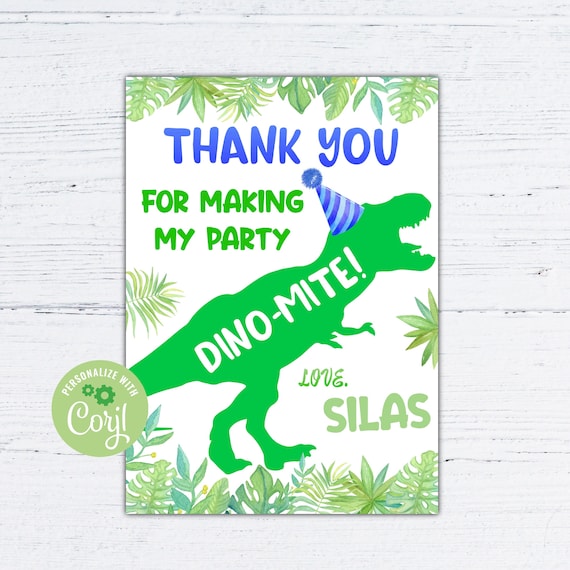 editable dinosaur thank you card, birthday boy green dino thank you