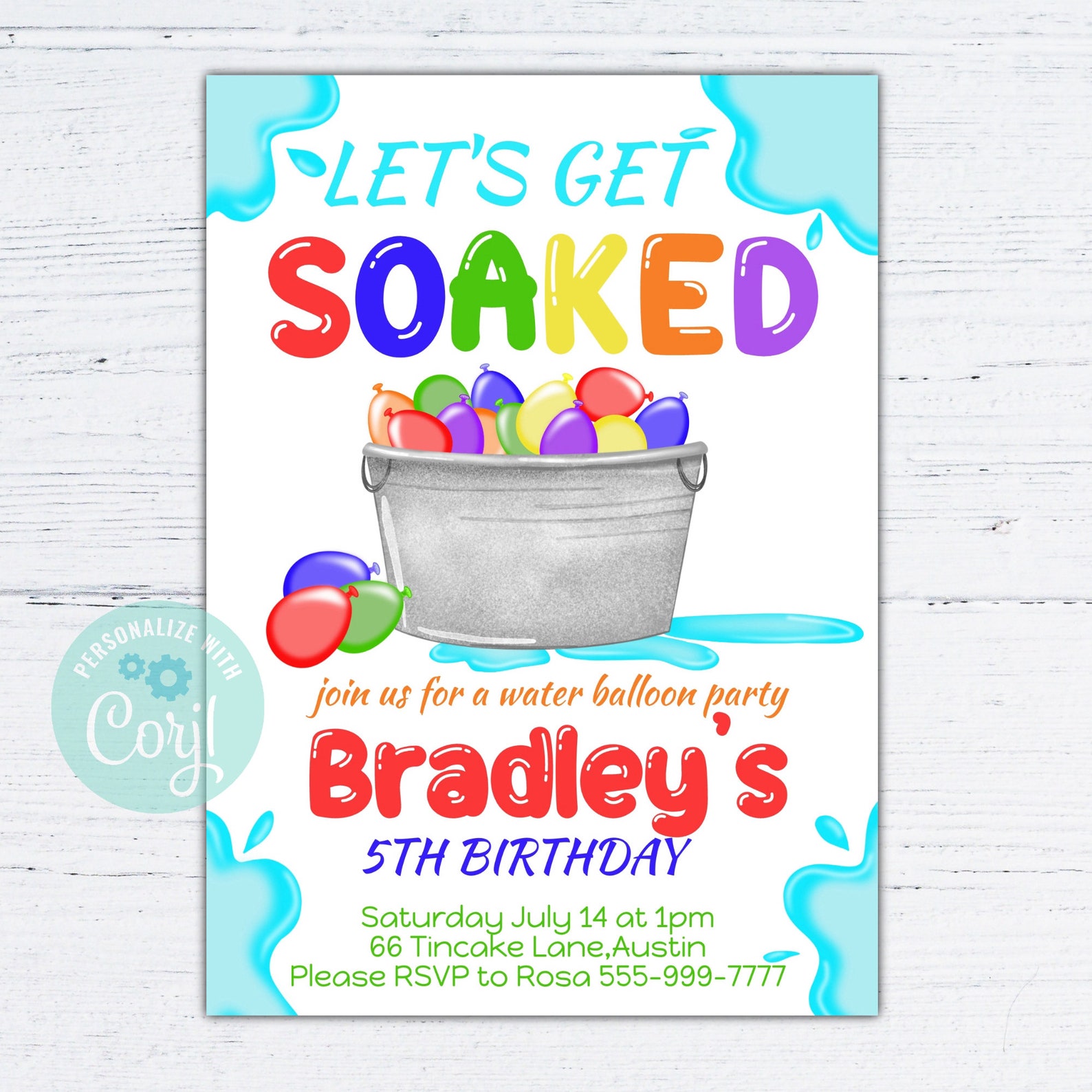 Water Balloon Birthday Invitation Water Fight Birthday Etsy
