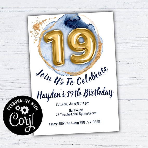 19th birthday invitation, boy 19th birthday invite,navy blue and gold ...