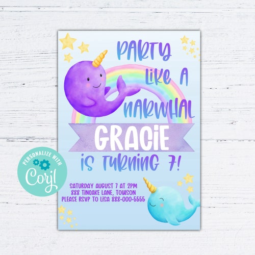 Narwhal Birthday Invitation Under the Sea Birthday Invite - Etsy