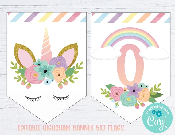 editable unicorn birthday banner, printable unicorn high chair banner ...