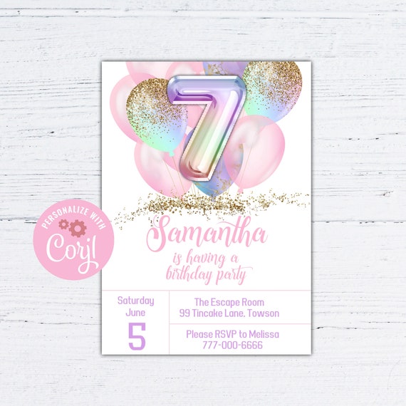 7th birthday invitation girl, 7th birthday invite for girl, pastel