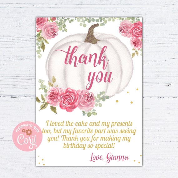 Editable Pumpkin 1st Birthday Thank You Card Floral White Pumpkin editable-pumpkin-1st-birthday-thank-you-card-floral-white-pumpkin