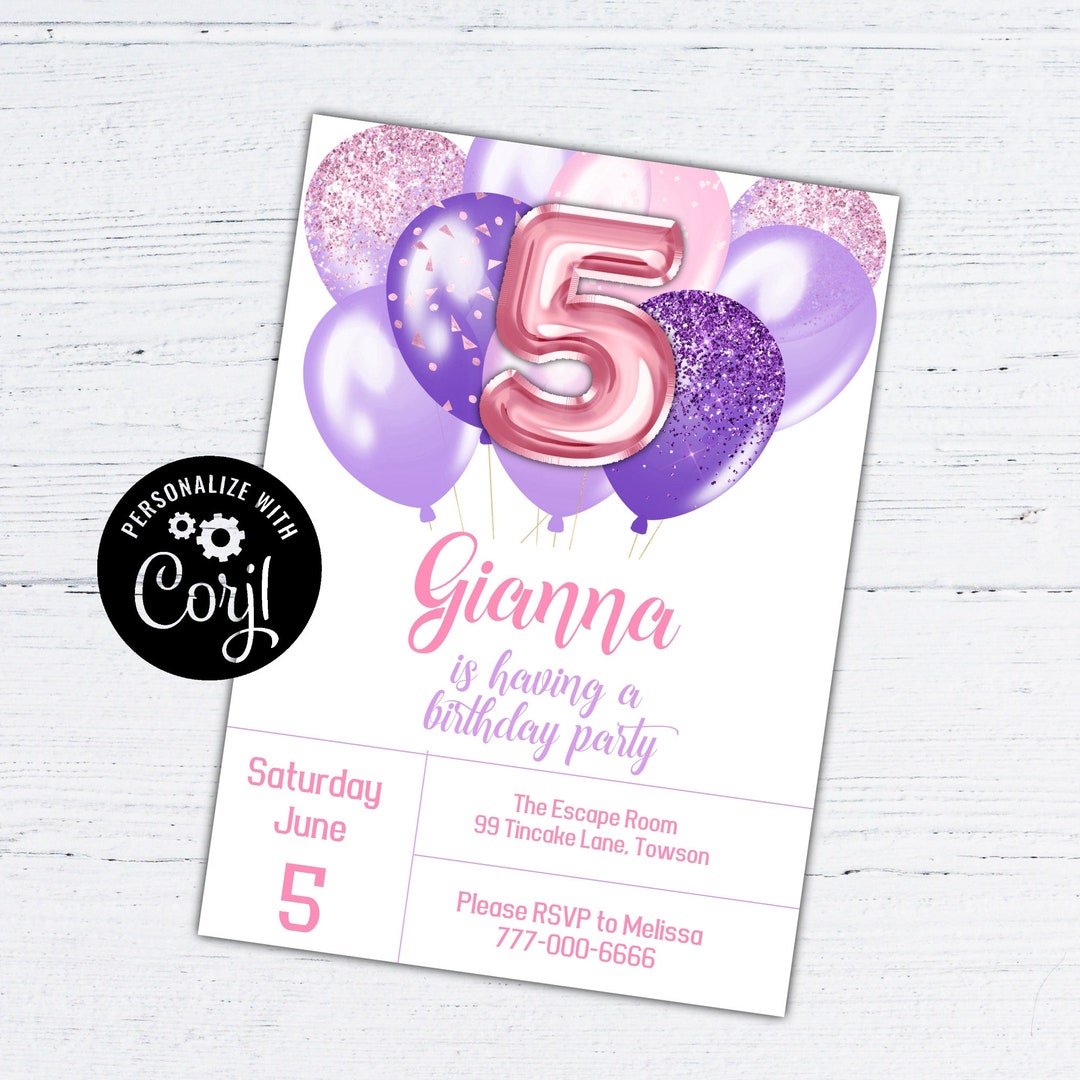Editable 5th Birthday Invitation Girl, Printable 5th Birthday Invite ...